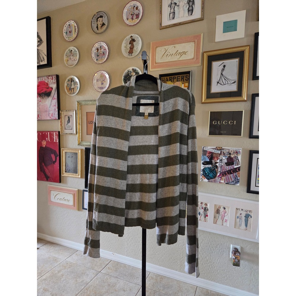 American Eagle Outfitters Y2K Cardigan Striped Green Beige Open Front‎ Sweater - Picture 2 of 5